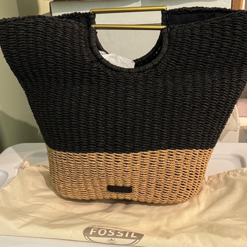 Fossil Black and Tan Woven Tote Bag with Gold Handles